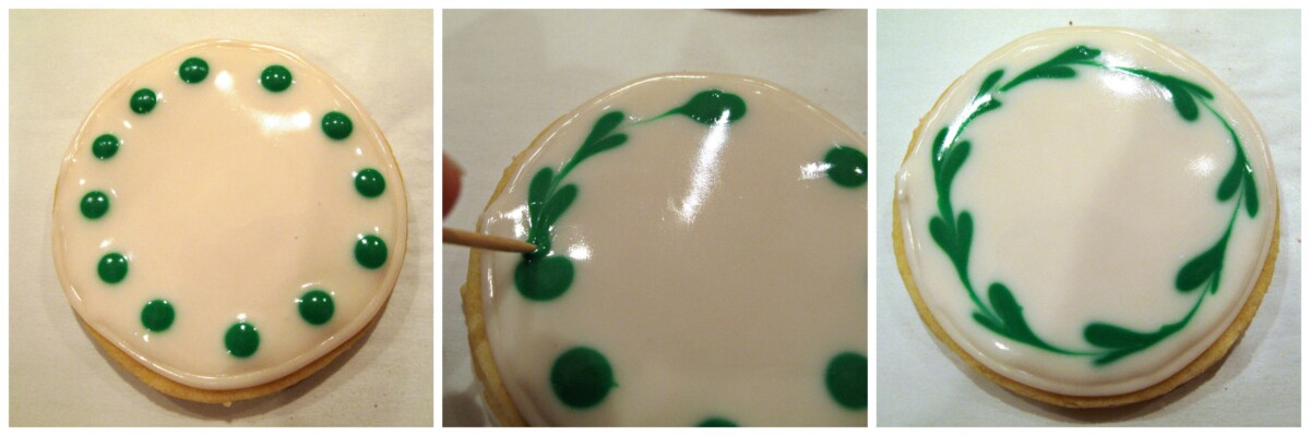 Icing wreath design : make green dots around circle edge, drag toothpick through icing from circle to circle.