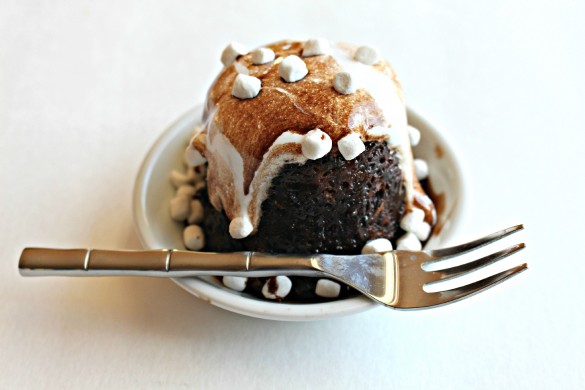 Hot Chocolate Mug Cake and fork in small white bowl