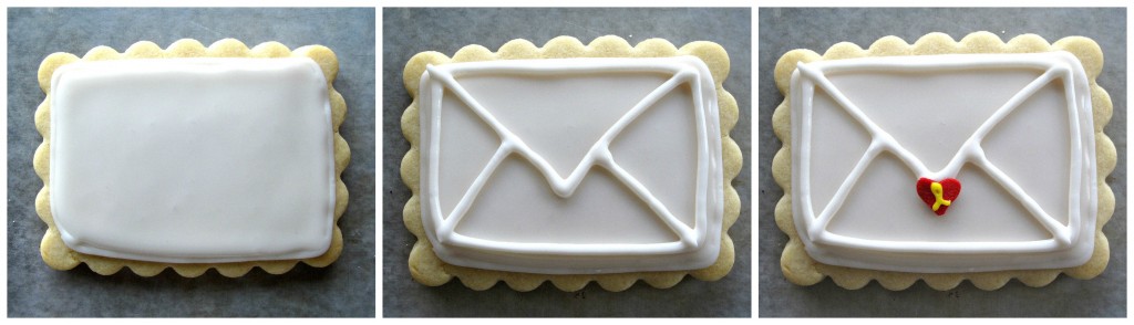 Valentine Envelope Sugar Cookies step 1 flood surface with white icing, step 2 pipe on lines to look like the back of an envelope, step 3 add a red heart sprinkle on the tip of the envelope flap.