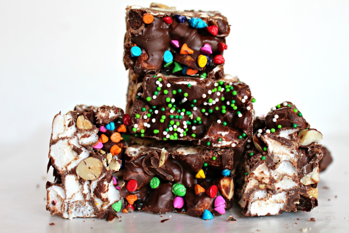 Rainbow's End Rocky Road Candy in a stack.