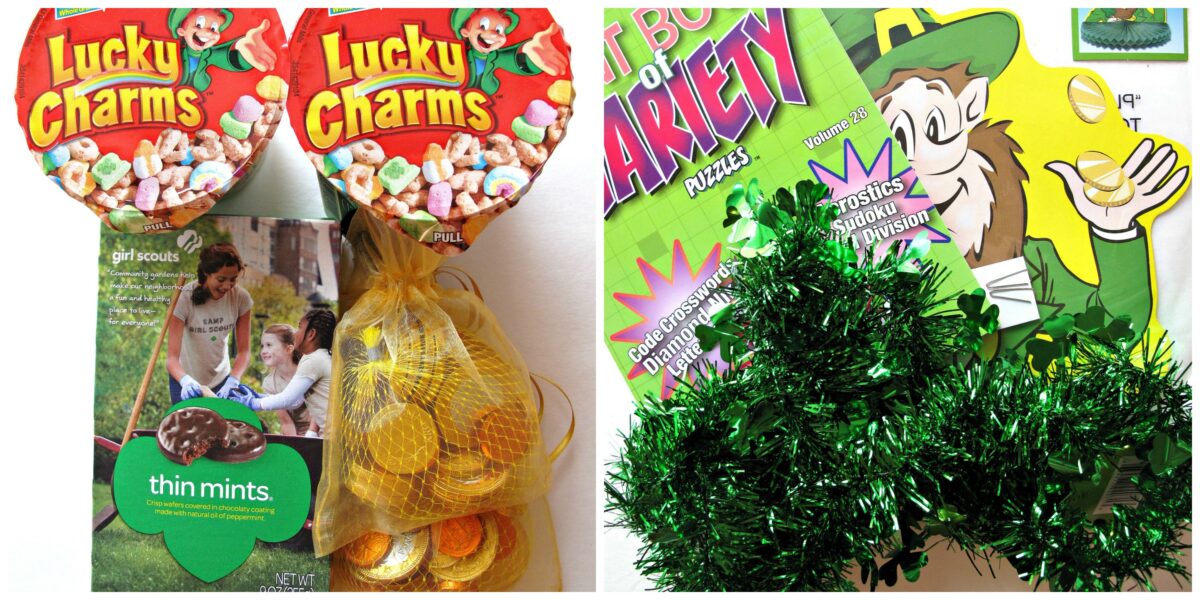 Care Package Contents: cereal, gold chocolate coins, cookies, puzzle books, green garland.