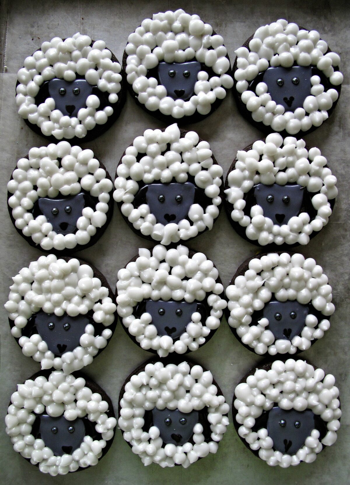 Round sugar cookies decorated with icing to look like sheep.