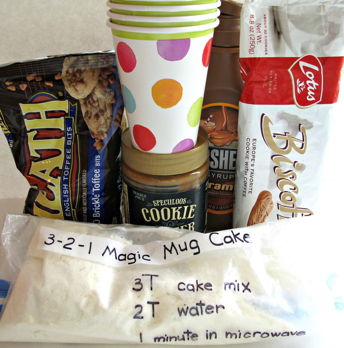 Ingredients: toffee bits, biscoff cookie butter, biscoff cookies, caramel syrup, mug cake mix.