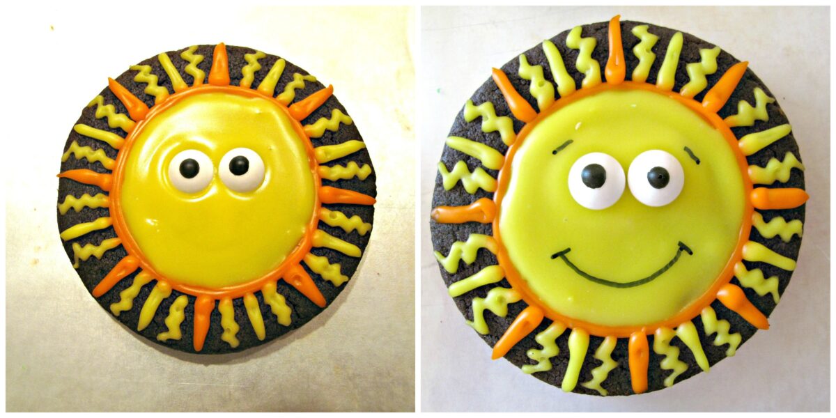Sun decorating:  icing lines from inner circle to cookie edge,  add food marker details.