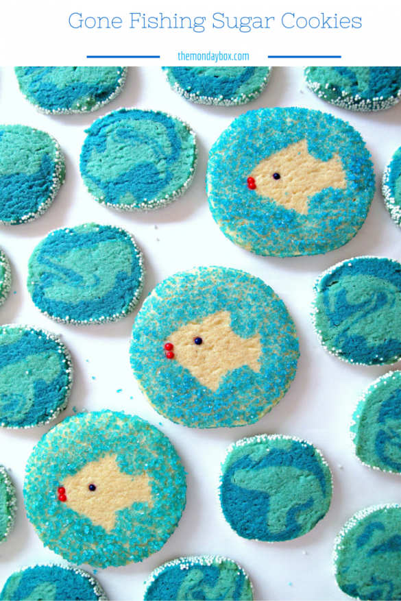 Gone Fishing Sugar Cookies, swirls of aqua-blue water or fish swimming in sparkling blue seas, have eye-catching pizzazz and crunchy vanilla goodness.| The Monday Box