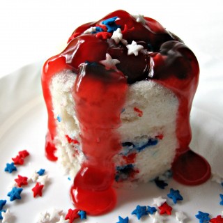 3-2-1 Red, White, and Blueberry Cake-an individual serving of patriotic funfetti white cake bursting with sweet cherry and blueberry pie filling. | The Monday Box