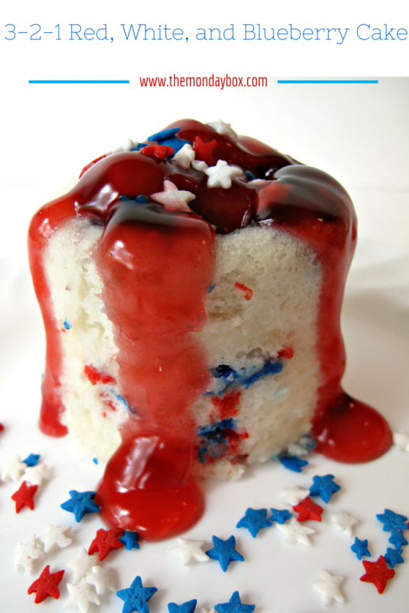 3-2-1 Red, White, and Blueberry Microwave Mug Cake-an individual serving of patriotic funfetti white cake bursting with sweet cherry and blueberry pie filling. | The Monday Box 3-2-1 Red, White, and Blueberry Microwave Mug Cake-an individual serving of patriotic funfetti white cake bursting with sweet cherry and blueberry pie filling. | The Monday Box