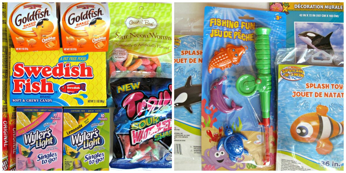 Care package contents: fish themed candy, crackers and drink mix, fish themed Dollar Store toys.