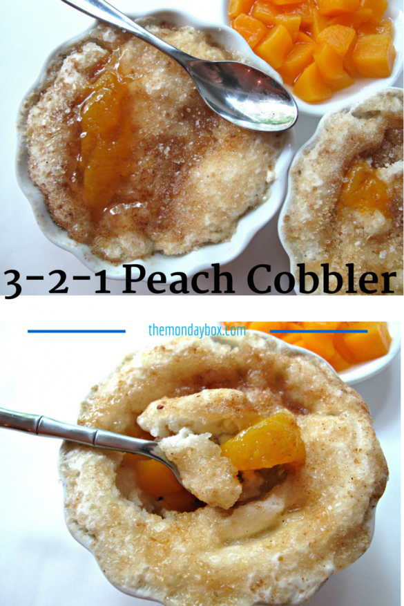 3-2-1 Peach Cobbler- sweet peaches and cinnamon-sugar biscuit dough cooked in just one minute in the microwave, offers all the peachy pleasures of summer without the heat!| The Monday Box