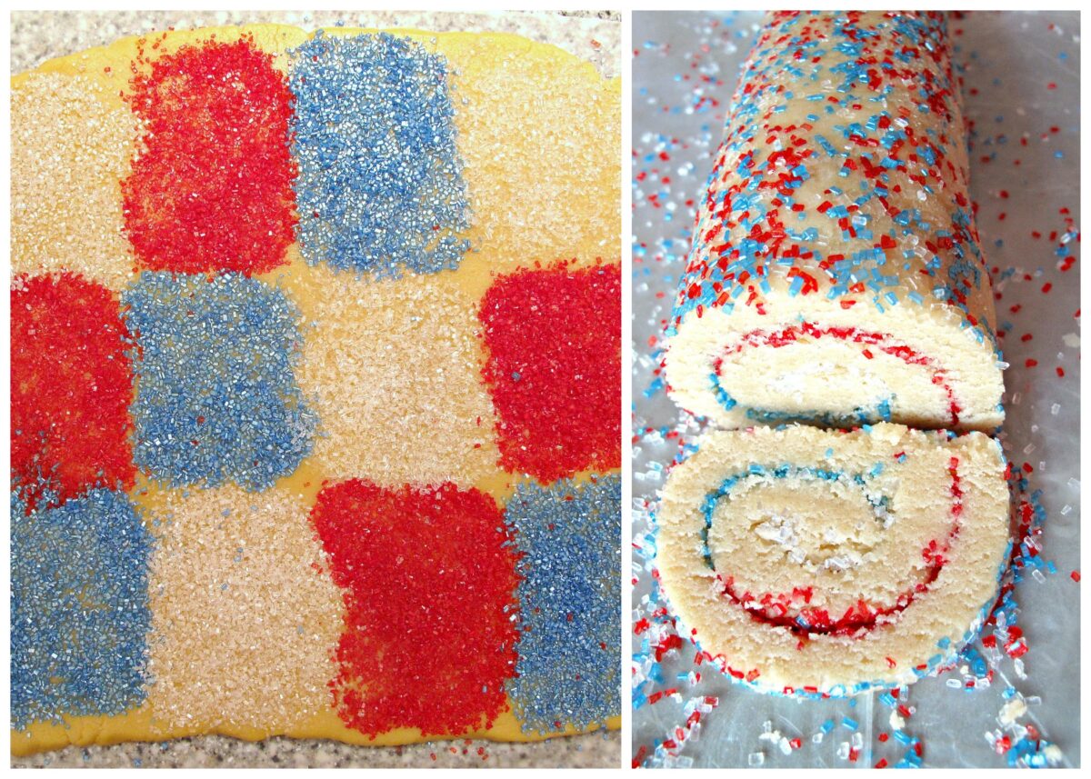 Cookie dough rolled out with squares of red, white, and blue sparkle sugar then rolled up. 