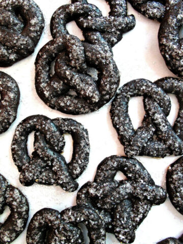 Chocolate Cookies shaped like pretzels.