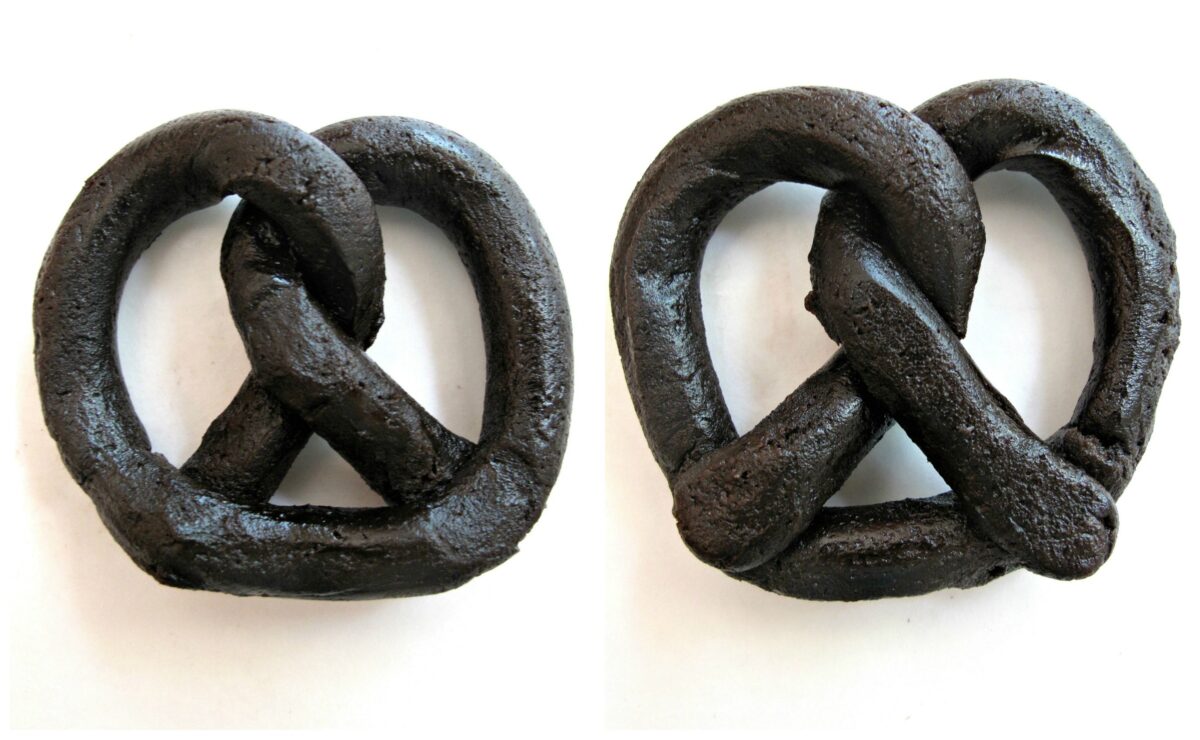 Pretzel forming instructions: bring loop down over twist, turn over cookie.
