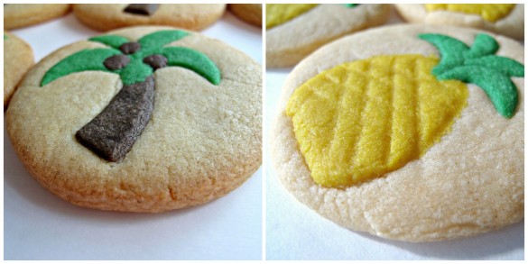 Coconut Palm Tree/Pineapple Sugar Cookies- thin cut-outs of colorful dough pressed onto crispy, vanilla sugar cookies, just like playing with playdoh! |The Monday Box