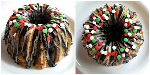 Vanilla Bean Mini-Bundt Cakes  sprinkled with dot sprinkles in Christmas colors.