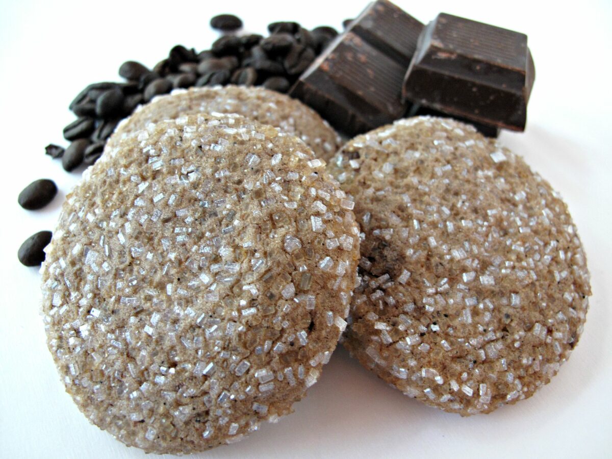 Closeup of sugar coated Mocha Sugar Cookies.