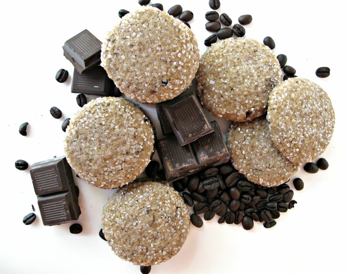 Mocha Sugar Cookies  with pieces of chocolate and espresso beans.