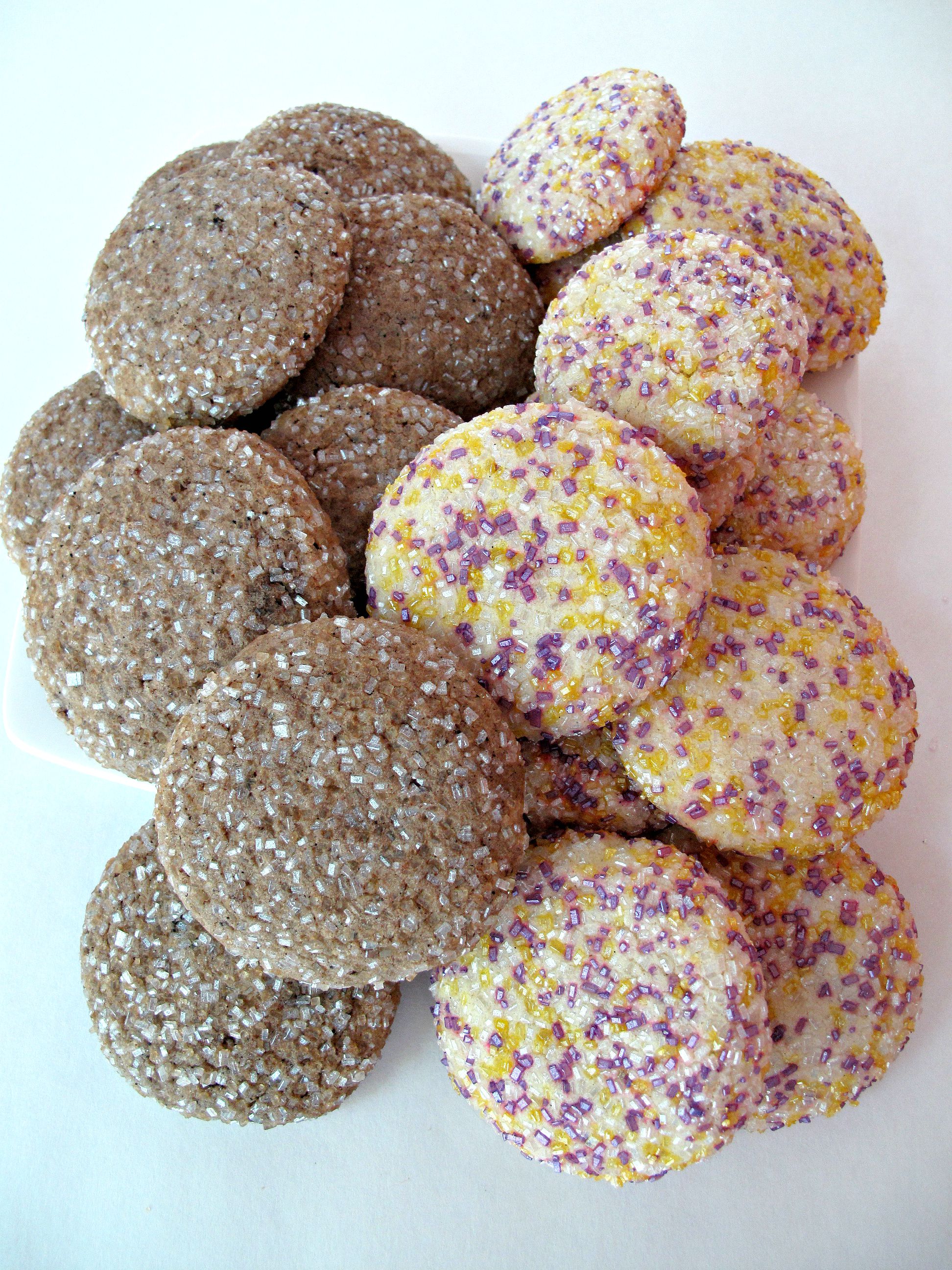 Thick, round Mocha Sugar Cookies and Lavender Lemon Sugar Cookies coated in large crystal sugar.