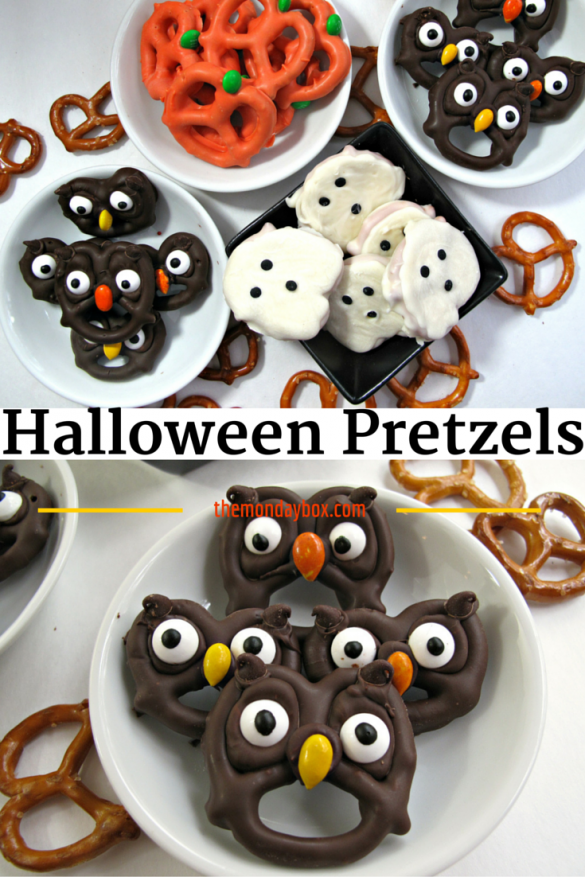 Halloween Pretzels- easy, fast and fun tutorial for 5 chocolate dipped treats! These Halloween cuties can be created in no time and are guaranteed to spread smiles.|The Monday Box