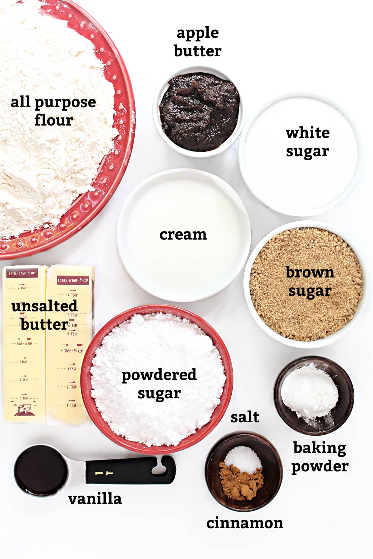 Ingredients: flour, apple butter, brown sugar, white sugar, cream, butter, powdered sugar, baking powder, salt, cinnamon, vanilla.