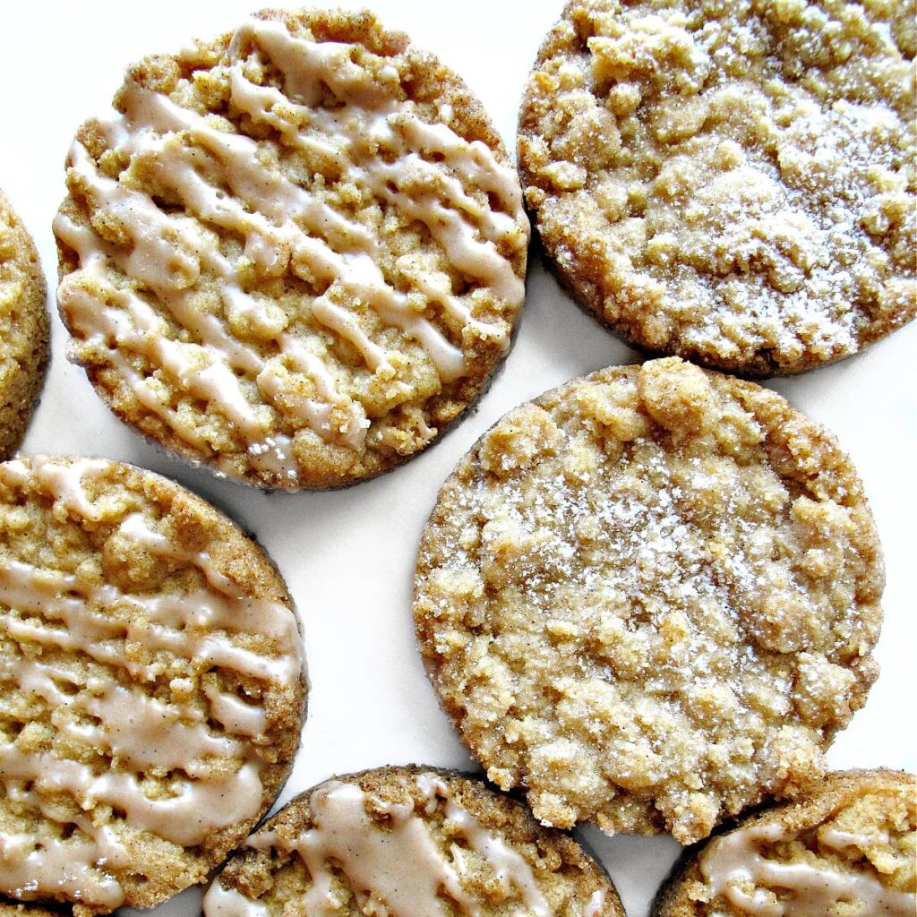 Closeup of cookies made out of cinnamon streusel.