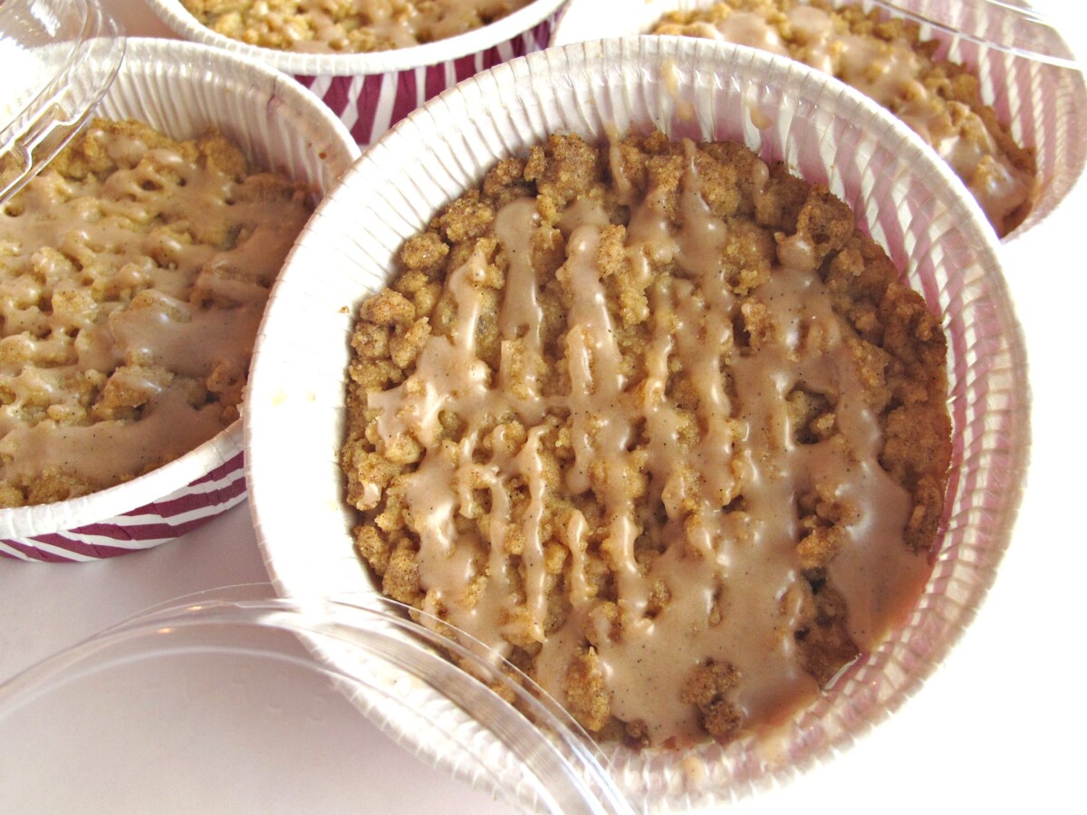 Cinnamon Streusel Cookies baked in disposable paper dessert cups for easy shipping.