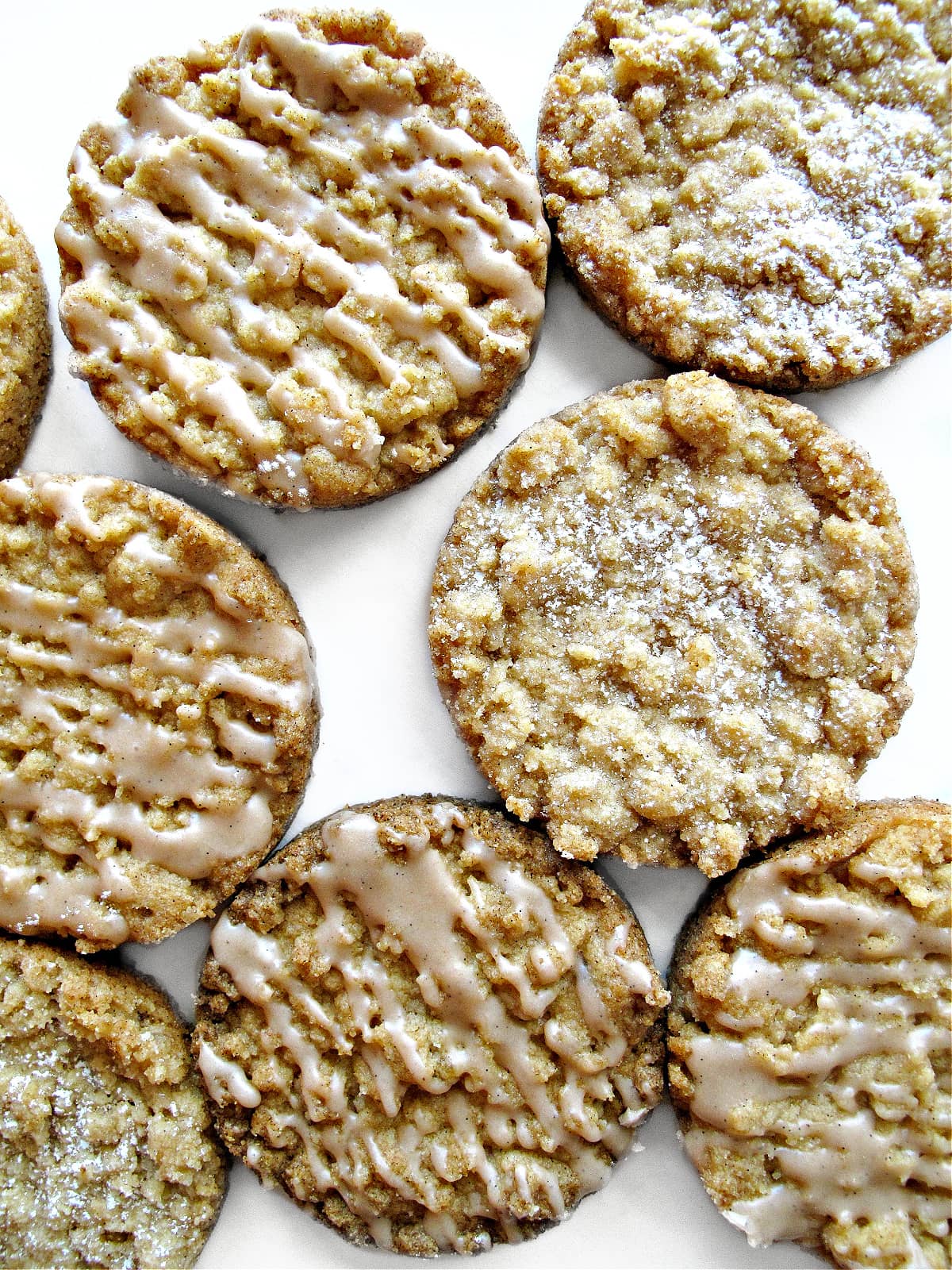 Streusel Cookies with powdered sugar or icing drizzle.