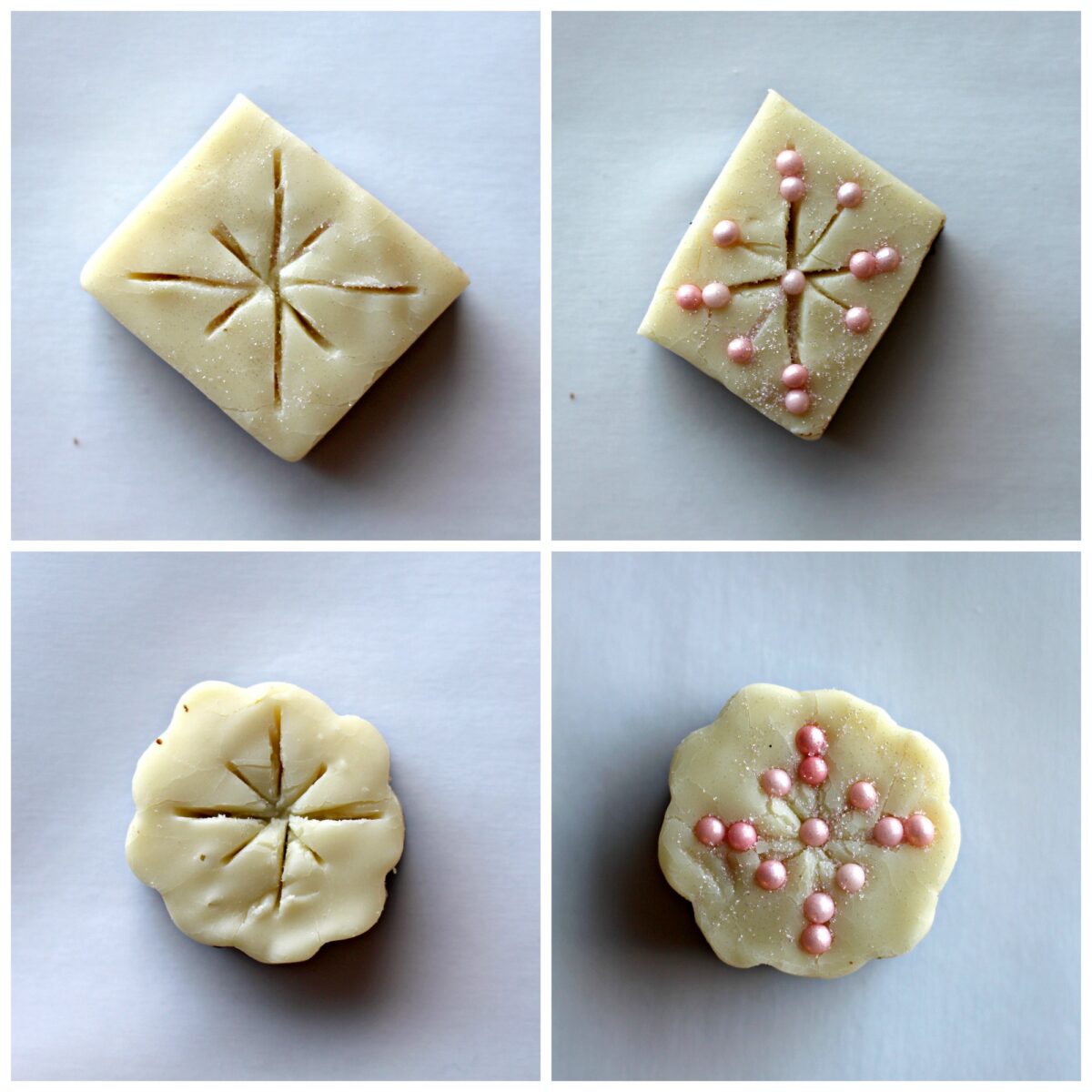 Decorating instructions: slice snowflake pattern on top of fudge, insert candy pearls into slices.
