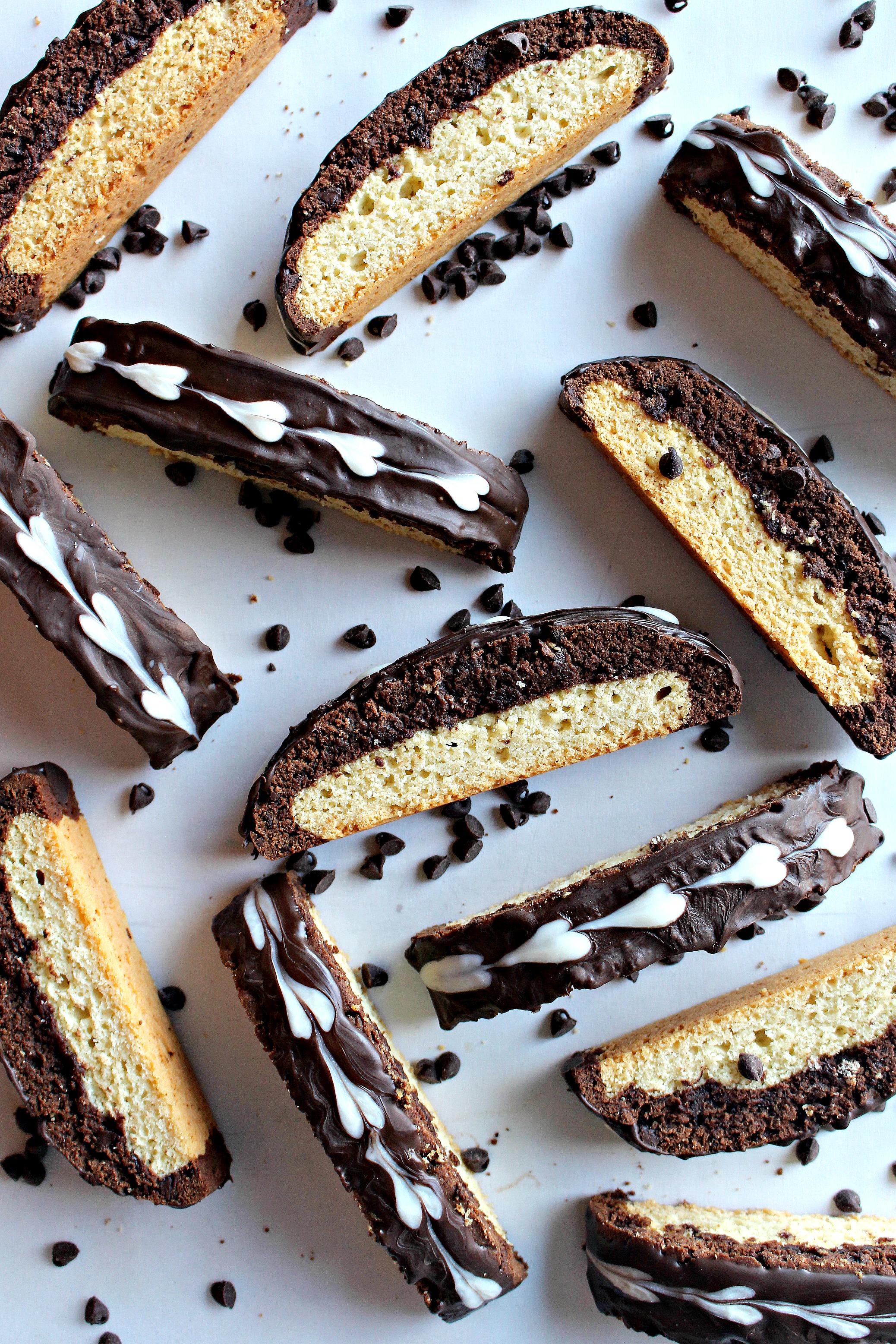 Black and White Biscotti with vanilla cookie bottom and  chocolate cookie top. 