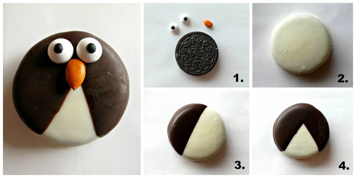 Steps to make a penguin decorated oreo.