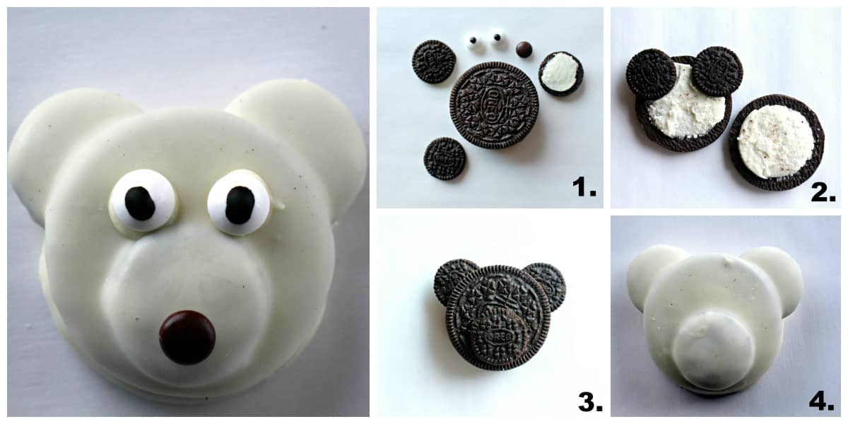 Steps to make a polar bear decorated oreo.