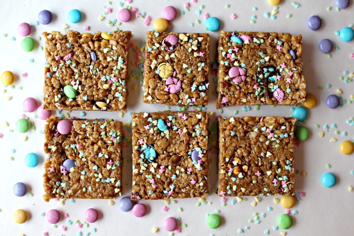 Krispie Bars with pastel colored candies.