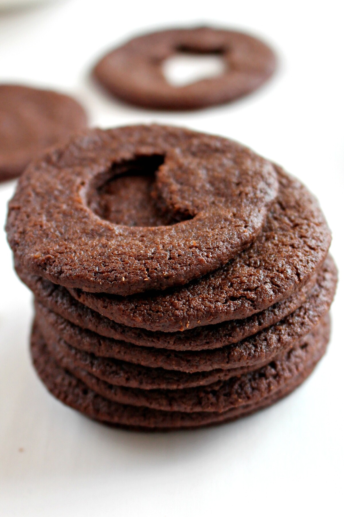 Chocolate wafer cookies in a stack. 