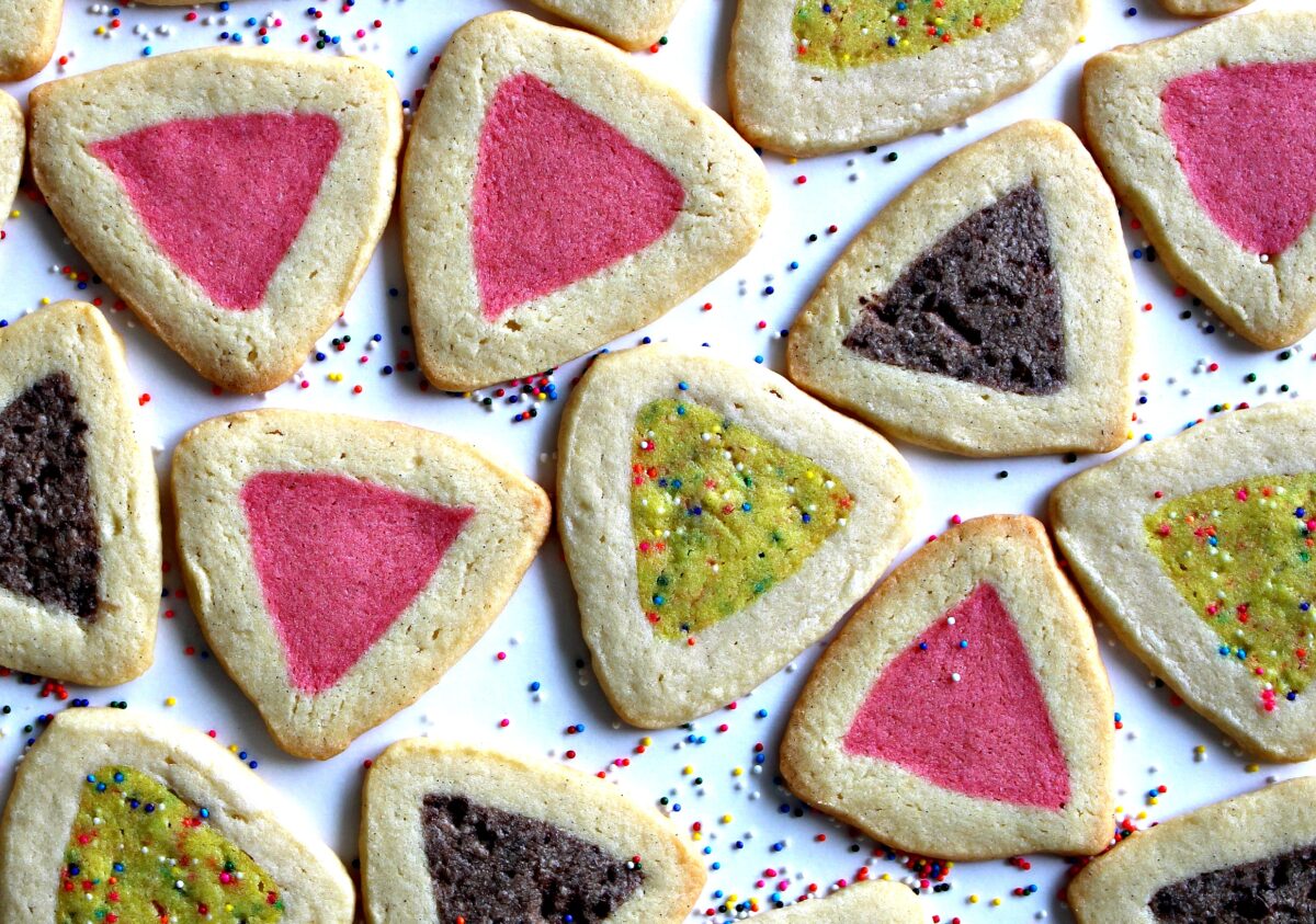 Slice and Bake triangle cookies with pink, yellow, and chocolate brown centers.