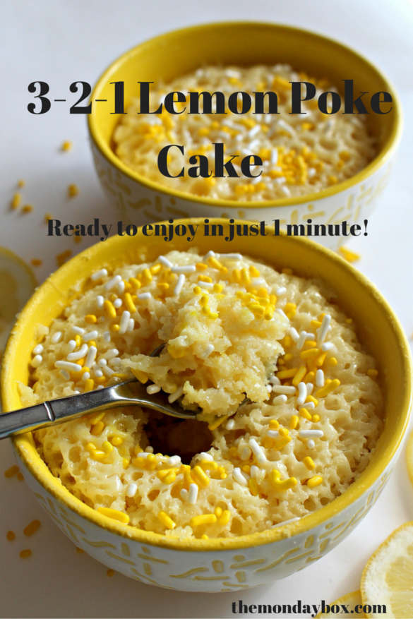 3-2-1 Lemon Poke Cake: Fluffy lemon cake topped with sweet, creamy condensed milk that seeps through poked holes, moistening and flavoring from top to bottom! A magic microwave mug cake ready to eat in 1 minute! | The Monday Box