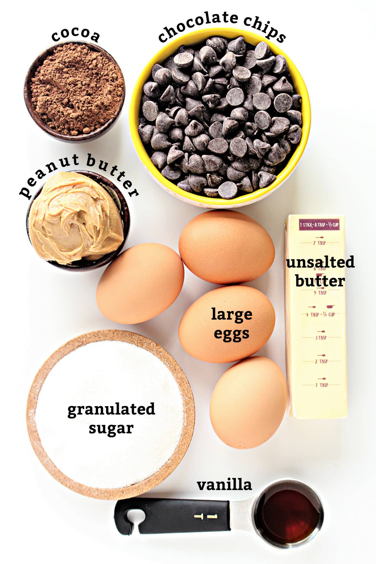 Ingredients: cocoa powder, chocolate chips, peanut butter, large eggs, unsalted butter, sugar, vanilla.