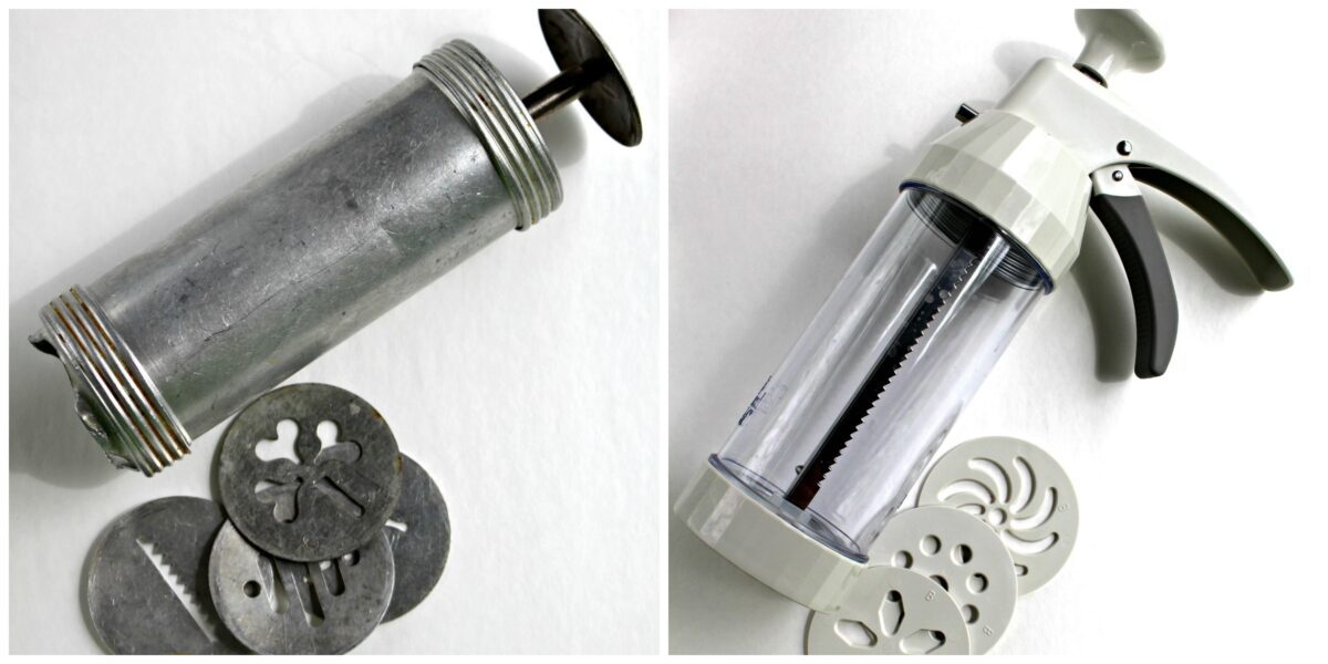 Antique metal cookie press and plastic Pampered Chef cookie press..