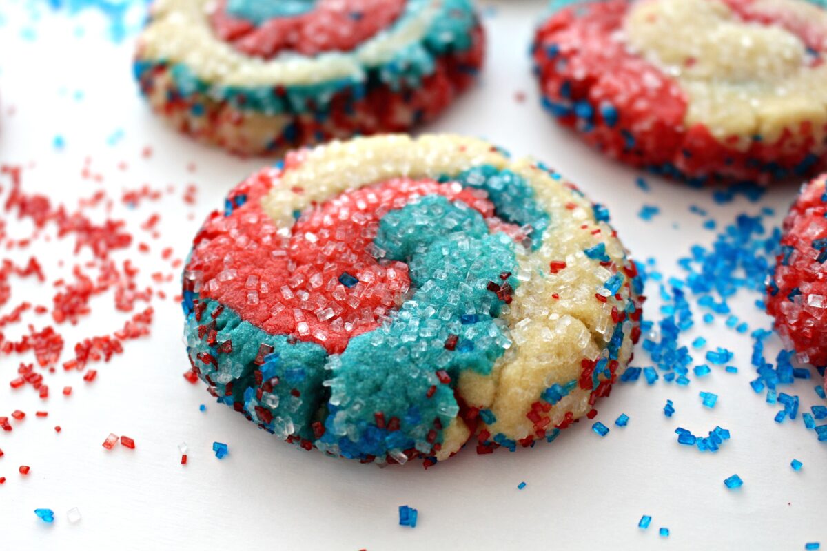 Closeup of thick, red, white, and blue sugar cookie.