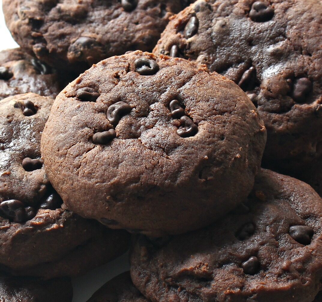 Closeup showing thick chocolate cookie with embedded cocoa nibs.