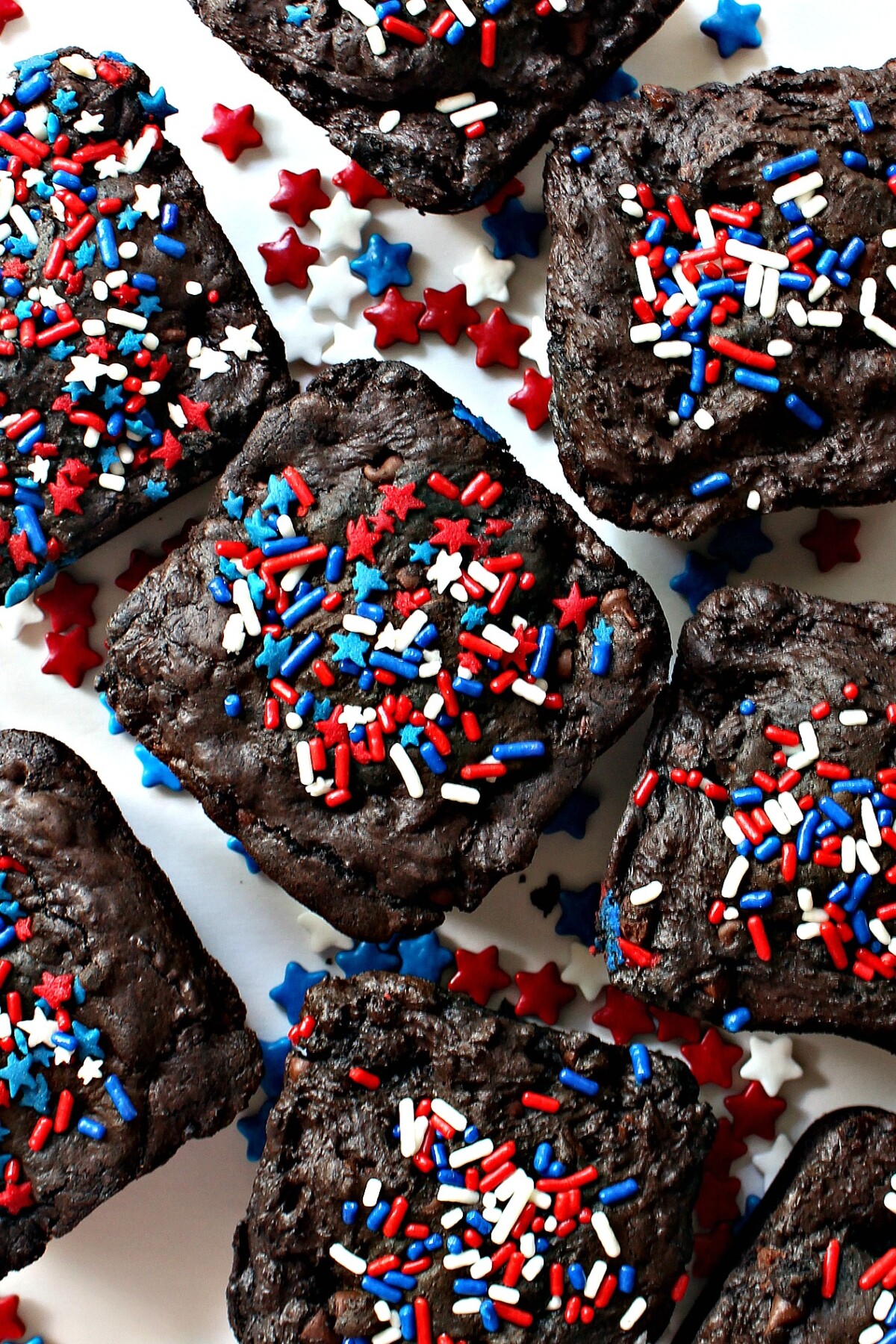 Brownies topped with red, white, and blue sprinkles.