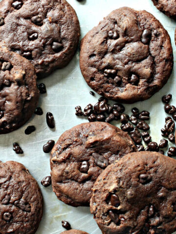 Closeup of flat chocolate cookies with cocoa nibs.