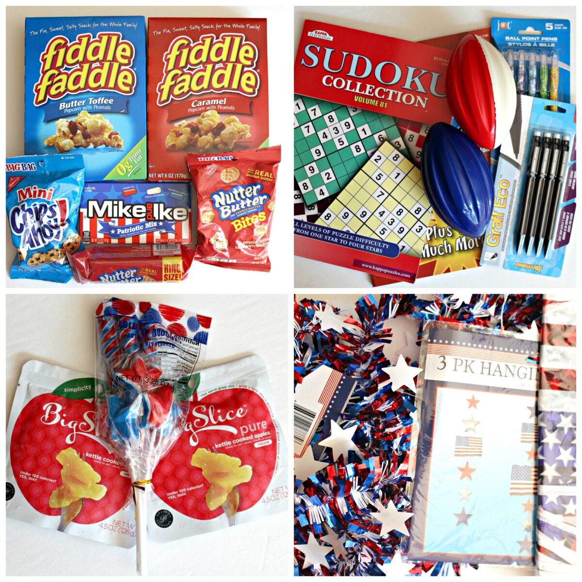 Care package contents: packaged cookies and popcorn, puzzle books, snacks, patriotic decorations.