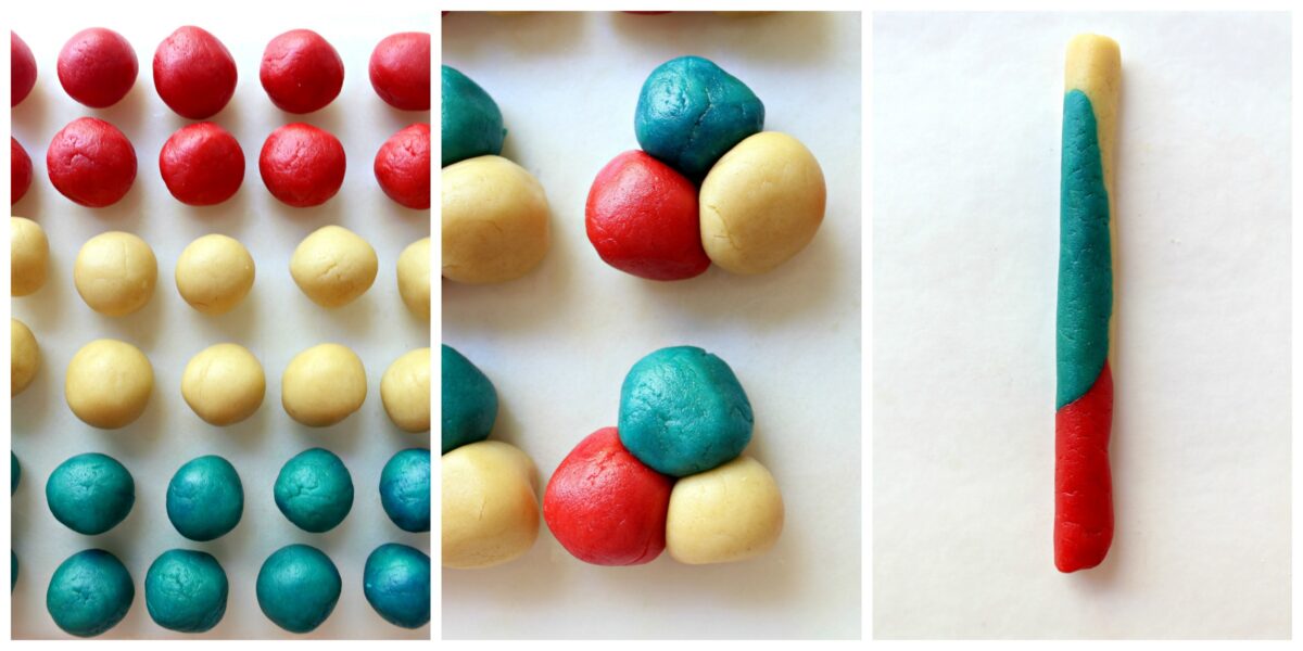 Instructions images: roll dough balls, combine a ball of each color, roll into log.