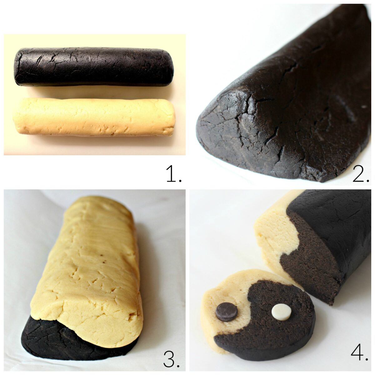Process image collage: two dough logs, press log into tear drop shape, put logs together, slice.