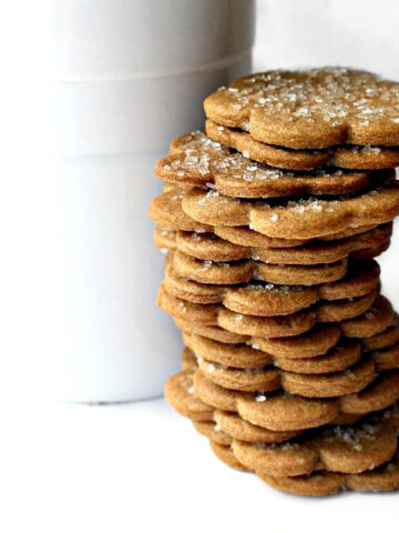 Stack of cookies in front of a cookie jar.