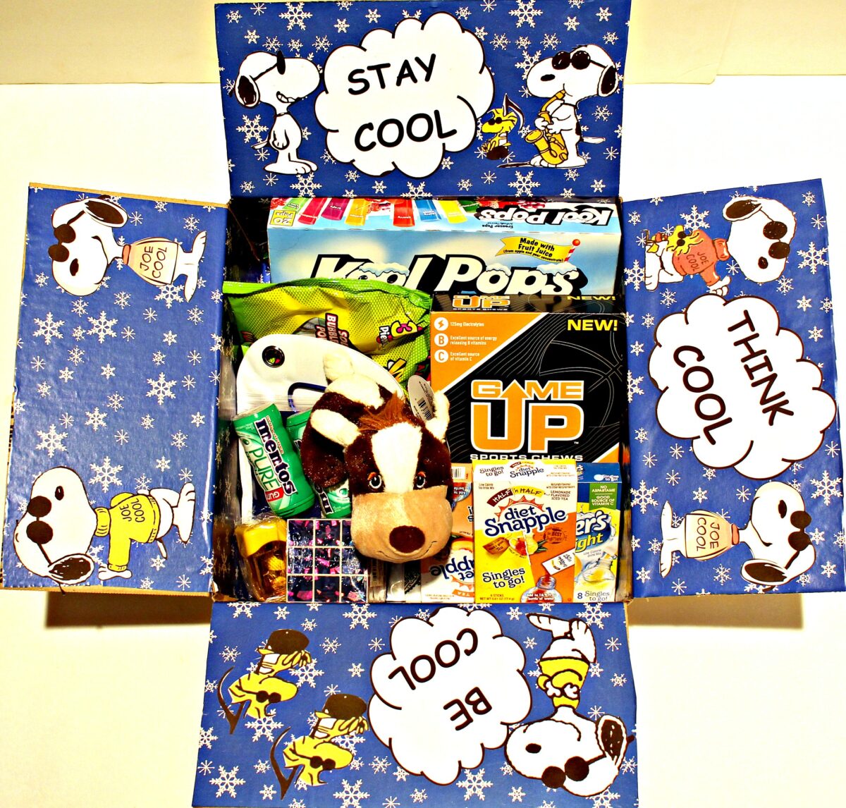 Stay Cool themed Military Care Package with flaps decorated in blue snowflake wrapping paper with Joe Cool images.