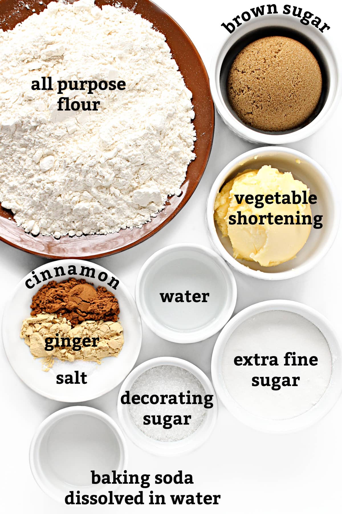 Ingredients: flour, brown sugar, extra fine sugar, decorating sugar, shortening, water, baking soda, cinnamon, ginger, salt.