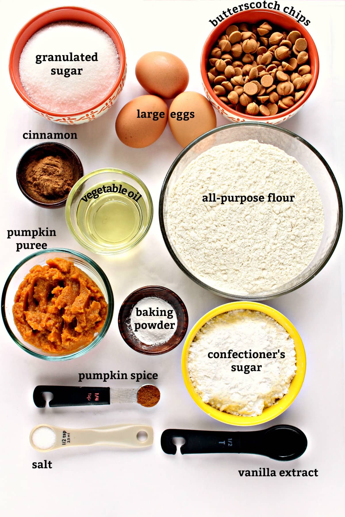 Ingredients collage with text overlay: sugar, eggs, flour, confectoners' sugar, vanilla, spices, baking powder, pumpkin, oil.
