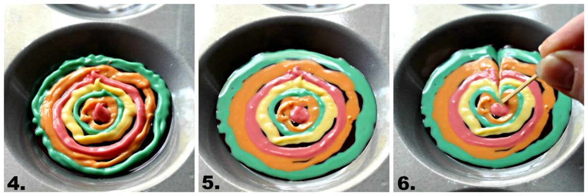 Instructions: alternating colors of melted chocolate circles, flattened chocolate, drag toothpick from edge to center.