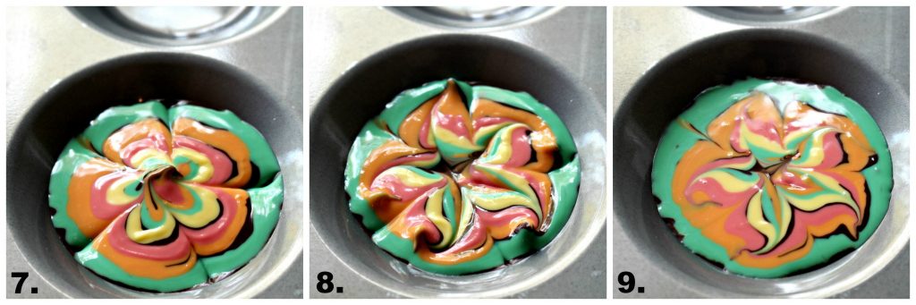 Photo 7: The toothpick has been dragged from the outer edge toward the center in five places around the circle pulling the colored chocolate toward the center. Photo 8: The toothpick has been dragged from the center toward the outer edge in five places around the circle adding to the design. Photo 9: The chocolate flattens after the pan is tapped on the counter.