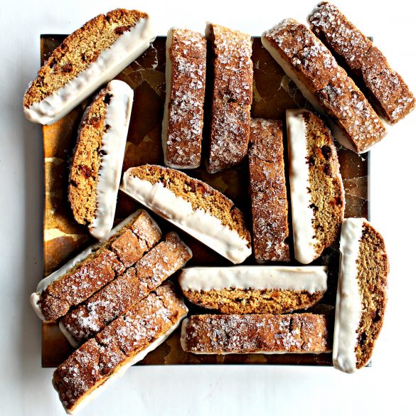 Cinnamon Chip Biscotti on a gold serving plate